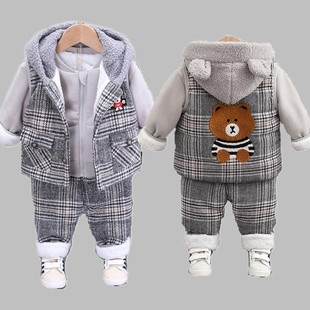 男宝宝0女童大卫衣1一2周岁冬季3三件套装9个月婴儿加绒加厚棉衣