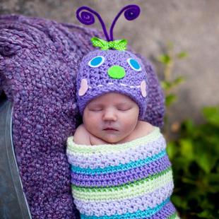 欧美婴儿拍照毛毛虫睡袋套装 毛线编织针织摄影道具满月拍照服装