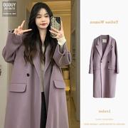 韩版甜美风纯色大衣女秋冬季赫本风小个子中长款紫色大衣外套