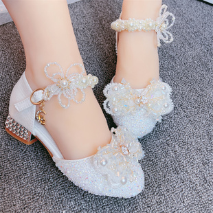 公主鞋女童水晶白色高跟鞋礼服夏季花(夏季花)童鞋，儿童模特走秀比赛演出鞋