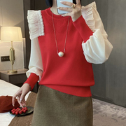 钉珠设计感泡泡袖红色蕾丝，衫慵懒风元旦显瘦上衣小个子小衫