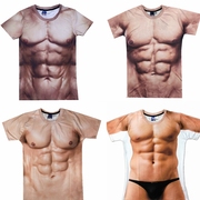 创意搞笑肌肉男t恤3d纹身衣服立体图案个性，假腹肌胸肌肉短袖t恤潮