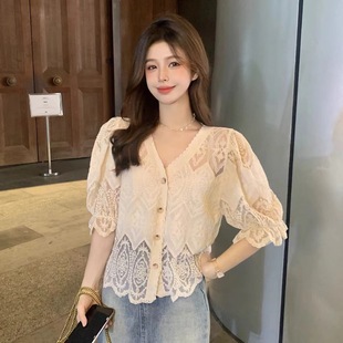 金属丝布拼接短袖刺绣镂空钩花女装上衣女装大码百搭套头外搭夏季