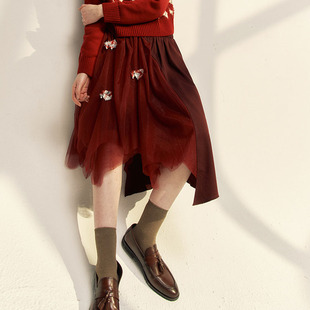 HOWL原创设计师酒红色格纹拼接纱裙a型蓬蓬裙纯棉里布亲肤半身裙