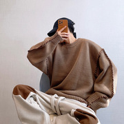 秋季复古纯色圆领毛衣男小众扎线保暖针织衫手工穿线咖啡色大毛衣