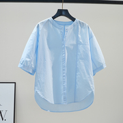 小清新浅蓝色棉衬衫女设计感拼接圆领中袖衬衣2024夏季宽松上衣潮