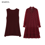 BADINA芭蒂娜酒红色长袖连衣裙冬季宽松中长款气质蕾丝裙子女