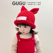 儿童帽子针织帽女童红色兔耳秋冬季手工编织毛线帽男童宝宝套头帽