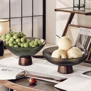 新中式高脚玻璃水果盘高级感家用客厅茶几摆件大容量干果盒糖果盘