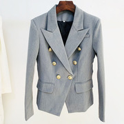 2024职业西装女式夹克通勤气质，冷淡风麻灰色狮子双排扣短外套
