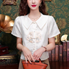 新中式刺绣短袖衬衫女夏娃娃，领泡泡袖短款衬衣，国风小衫小个子上衣