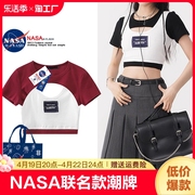 nasa辣妹风短款纯棉两件套背心t恤女夏季修身短袖罩衫式上衣印花