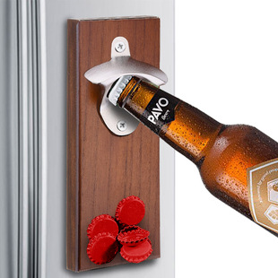 墙壁挂式木座啤酒开瓶器，复古启瓶器创意冰箱，贴金属磁铁酒吧启子