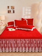 大红夹棉加厚床裙单件冬季保护套防滑席梦思床罩结婚床蕾丝边床单