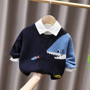 小童卡通鲨鱼针织开衫，男女童2023秋冬装宝宝，舒适外套儿童圆领毛衣