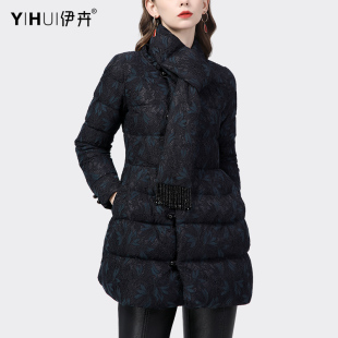 欧货时尚蕾丝羽绒服外套女加厚白鸭绒(白鸭绒)带围脖，中长款设计感棉服冬装