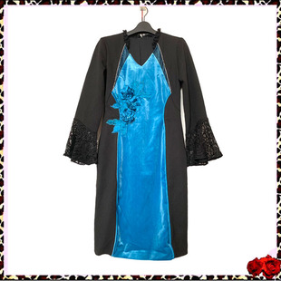 品牌定制款黑色拼孔雀蓝丝绒，立体绣花镶钻修身包臀长袖连衣裙