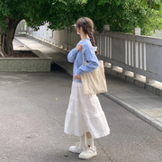 温柔风镂空钩花白色半身裙，女甜美日系小众设计感高腰a字蛋糕伞裙