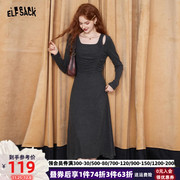 商场同款妖精的口袋镂空长袖连衣裙女2023秋季设计感长裙