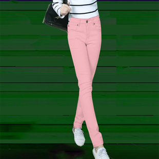 2023年秋冬韩版修身显瘦弹力彩色铅笔裤粉色，可爱小脚牛仔长裤
