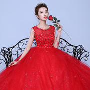 婚纱礼服新娘孕妇婚纱，2022齐地高腰韩版韩式婚纱一字肩大红色