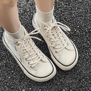 白色高帮帆布鞋女款2023夏季透气系带休闲百搭学生，大头板鞋子