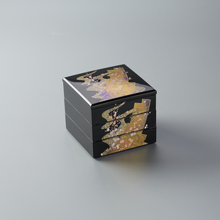 日本进口 山中漆器金彩梅花三段重 日式糖果盒 点心盒 三层收纳盒