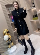 欧货法式娃娃领收腰连衣裙女秋季2023高级感海军领黑色衬衫裙