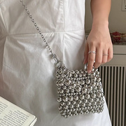珍珠银色包包女2024夏季编织链条包斜挎迷你拎包闪亮小包包