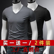 买一送一短袖t恤男士打底衫V领纯色修身半袖潮运动体恤1/2件