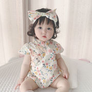 5-6个月新生婴儿A类纯棉衣服 女宝宝中国风旗袍质碎花无袖连体衣