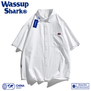 wassupshark日系cityboy短袖衬衫男夏季纯棉休闲白衬衣(白衬衣)港风半袖