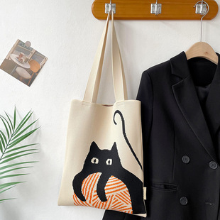 针织单肩手提包可爱猫咪学生简约百搭帆布袋大容量韩版购物袋文艺