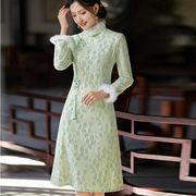 冬季蕾丝加绒加厚旗袍，绿色清新甜美气质，日常a版连衣裙中国风
