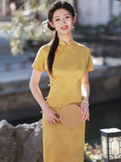 黄色提花缎旗袍2023年夏季新中式，国风高端气质，年轻款少女连衣裙
