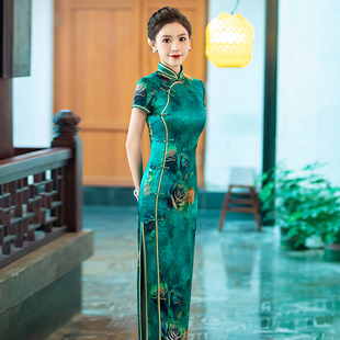 新中式绝美改良旗袍真丝桑蚕丝，高端日常夏季优雅长款礼服修身
