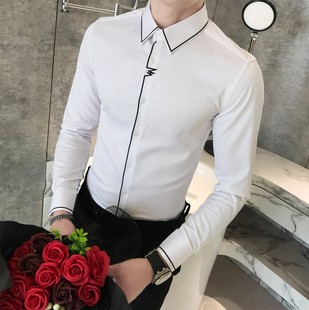 韩国春款拼色主持人紧身长袖，尖领白色衬衫男修身婚礼伴郎高端衬衣