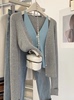 灰色v领不规则假两件针织开衫，女春季毛衣，外套显瘦短款上衣小个子