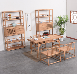 新中式实木书法桌画桌茶桌椅，组合禅意简约榆木仿古原木书桌椅书架