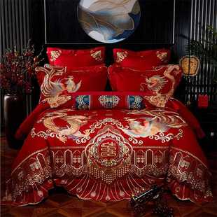 高档婚庆四件套全棉纯棉大红色婚床喜被刺绣床单，被套龙凤结婚床上