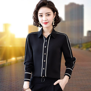 黑色衬衫女士长袖黑衬衣雪纺，设计感小众2023年春装高端职业寸