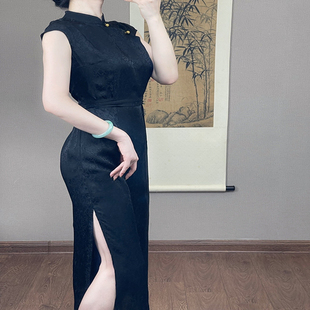 新中式改良旗袍复古连衣裙黑色，开叉修身显瘦显白老上海风复古长裙
