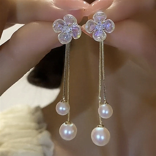 S925银针珍珠花朵耳环夏轻奢小众潮花朵长款韩国气质两带耳饰
