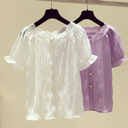 高货雪纺上衣女短袖2024韩版夏季百搭遮肚子显瘦紫色甜美雪纺
