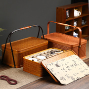 复古竹编提篮食盒双层带盖长方形，手提茶箱功夫，茶具收纳盒旅行便携