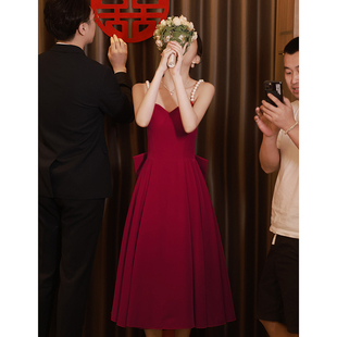 新娘红色敬酒服夏季订婚高级感吊带礼服，小众连衣裙小个子在逃公主