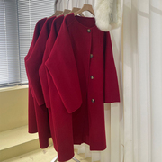 狐狸毛领双面呢绵羊毛手，工大衣女春秋，新年红色圆领宽松中长款外套