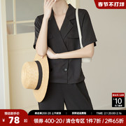 小个子黑色雪纺短袖小西装，外套女薄款夏网红韩版小众短款西服套装