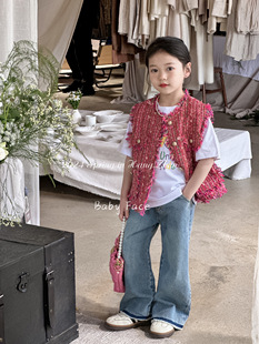 韩版儿童上衣24春装女童洋气时髦薄花呢无袖玫红马甲外套潮