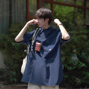 夏季男士短袖衬衫日系纯色半拉链设计宽松百搭青少年上衣